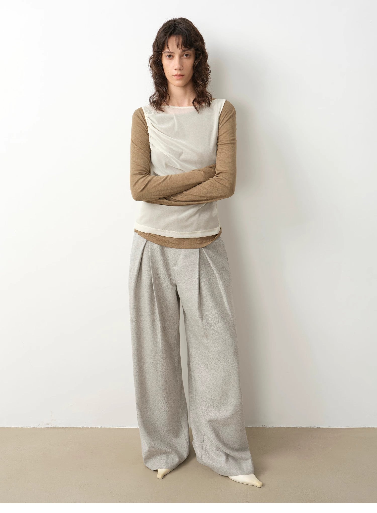 City Stroll Wide-Leg Pleated Trousers - Light Khaki