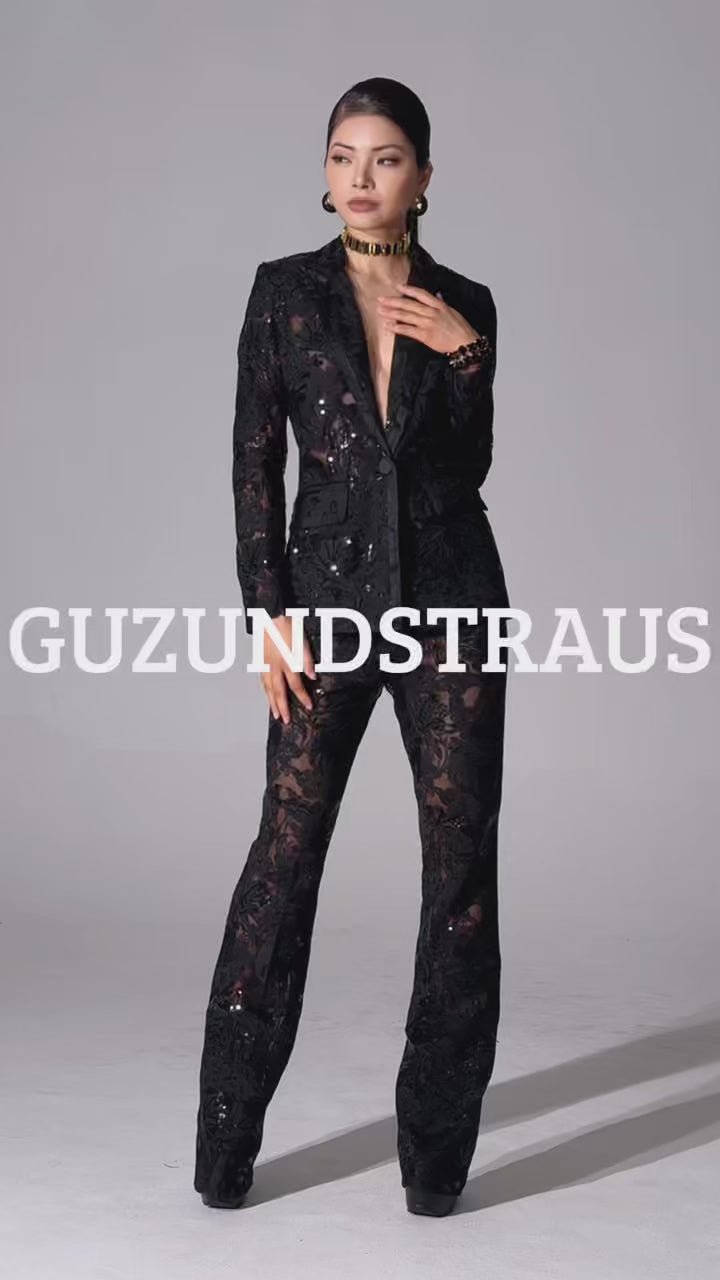 Carie Sequin Floral Blazer Set Black - BLCIamSurrealArtFashion