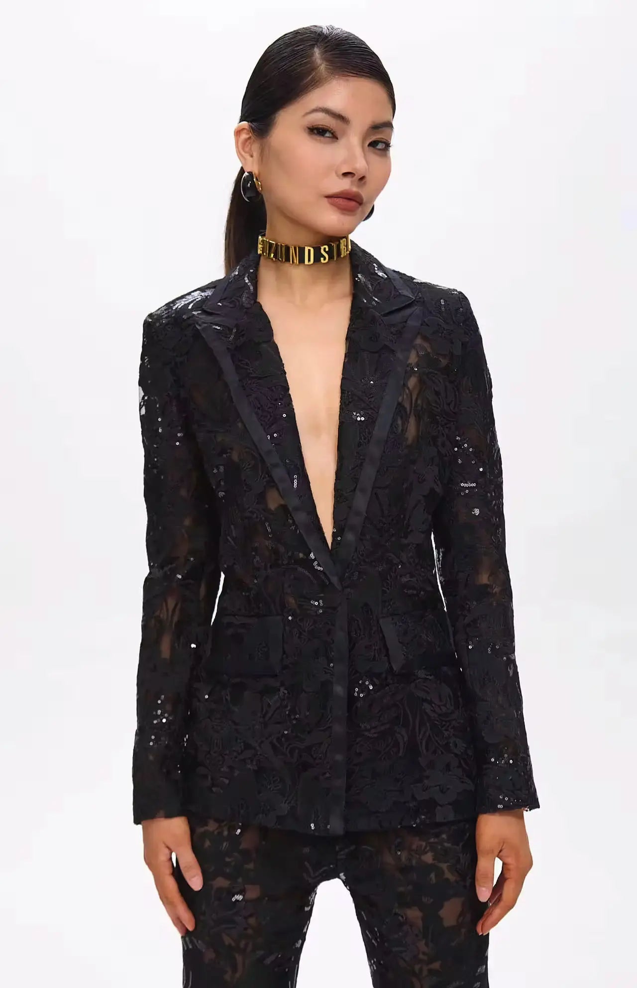 Carie Sequin Floral Blazer Set Black - BLCIamSurrealArtFashion