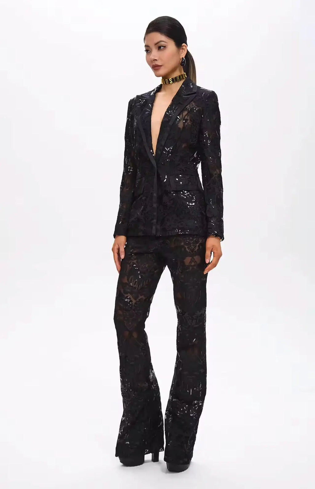 Carie Sequin Floral Blazer Set Black - BLCIamSurrealArtFashion