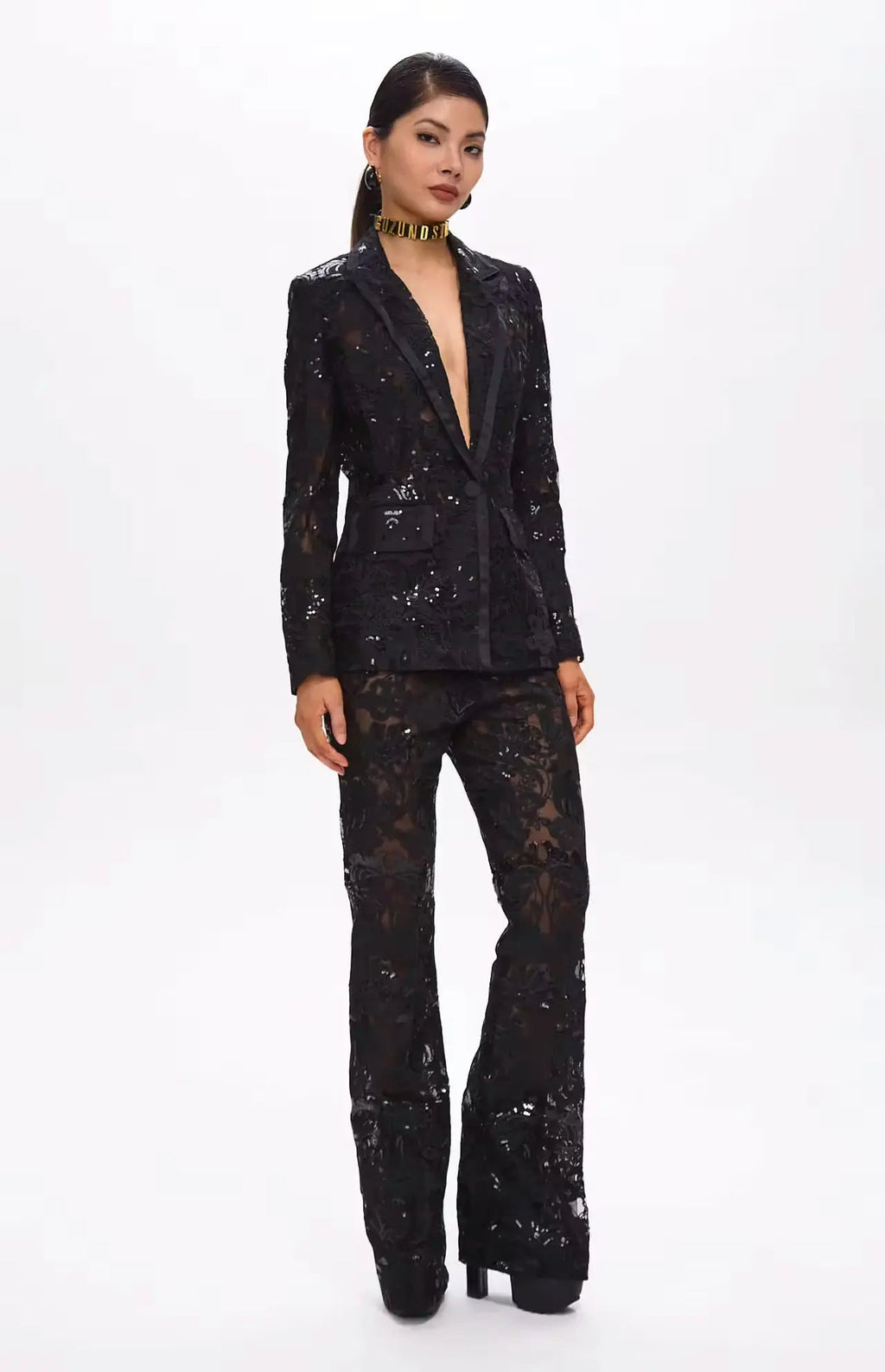 Carie Sequin Floral Blazer Set Black - BLCIamSurrealArtFashion