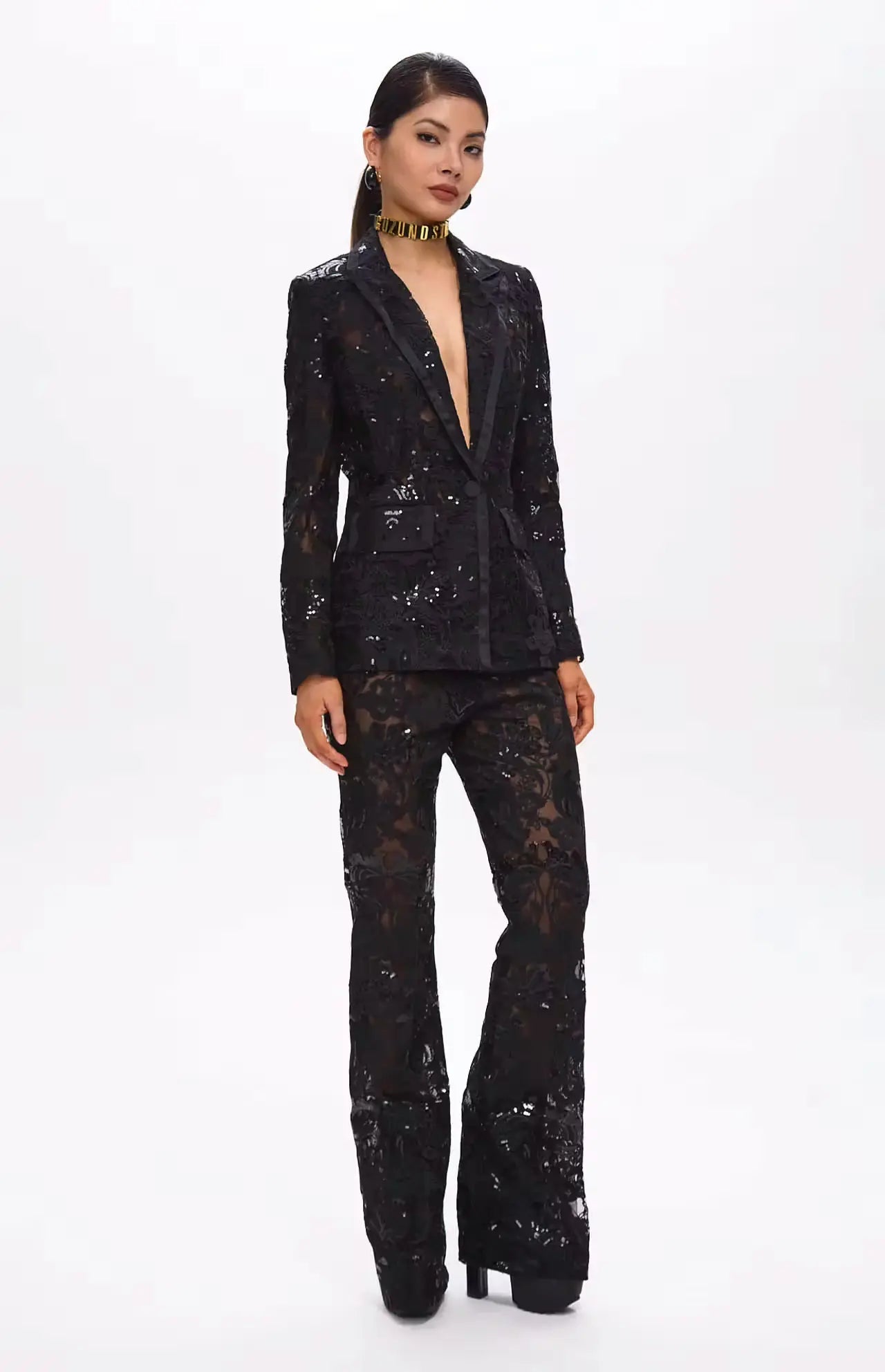 Carie Sequin Floral Blazer Set Black - BLCIamSurrealArtFashion
