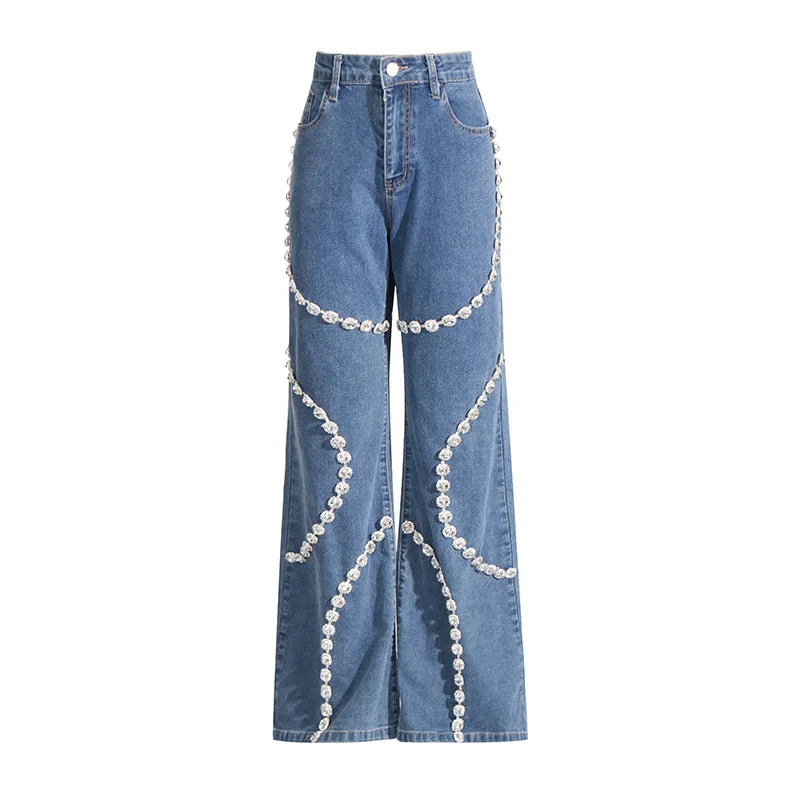 Rhinestone Splicing Straight Denim Woman