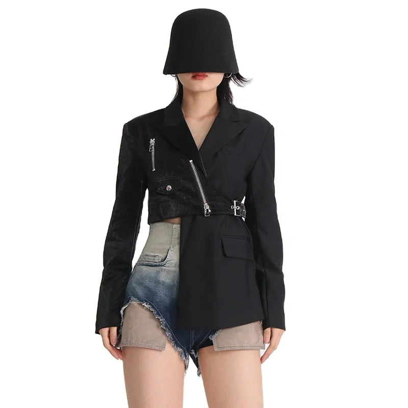 Coat Notched Collar Long Sleeve Patchwork Zipper Blazers Breathable Outerwear Woven