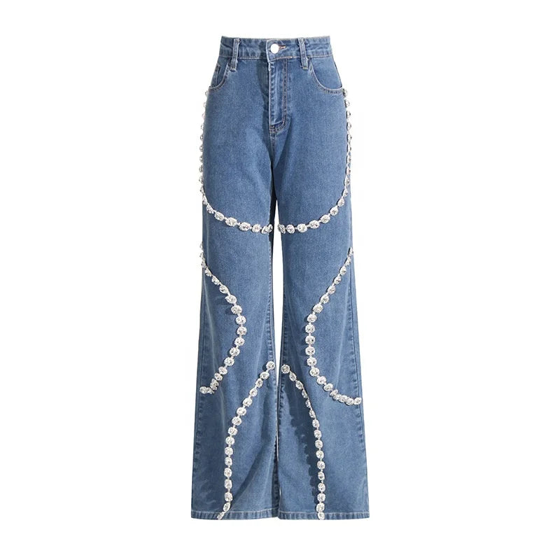 Rhinestone Splicing Straight Denim Woman