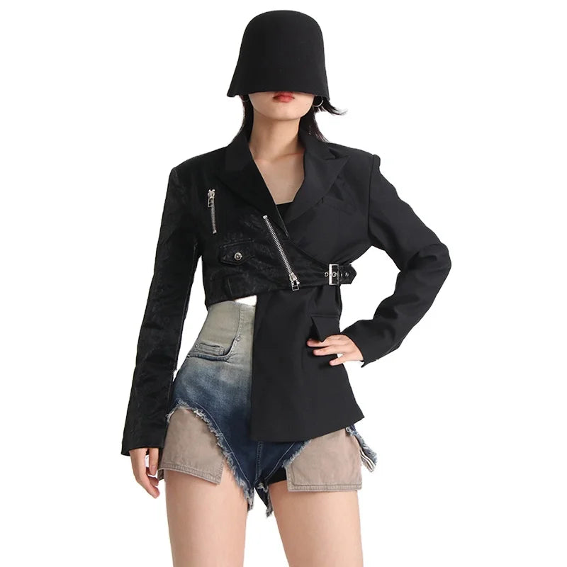Coat Notched Collar Long Sleeve Patchwork Zipper Blazers Breathable Outerwear Woven