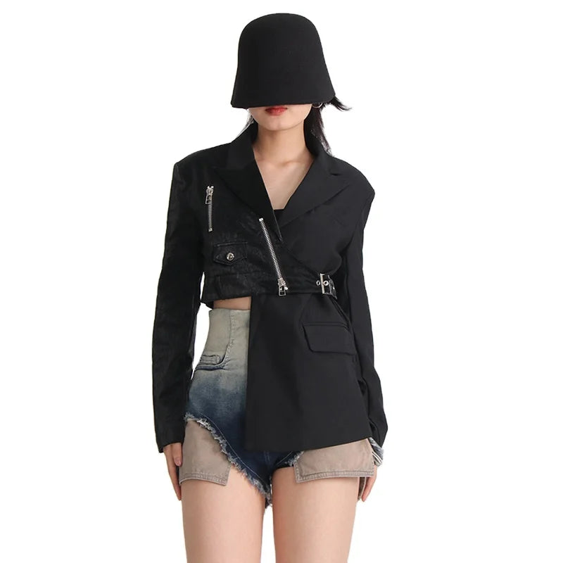 Coat Notched Collar Long Sleeve Patchwork Zipper Blazers Breathable Outerwear Woven