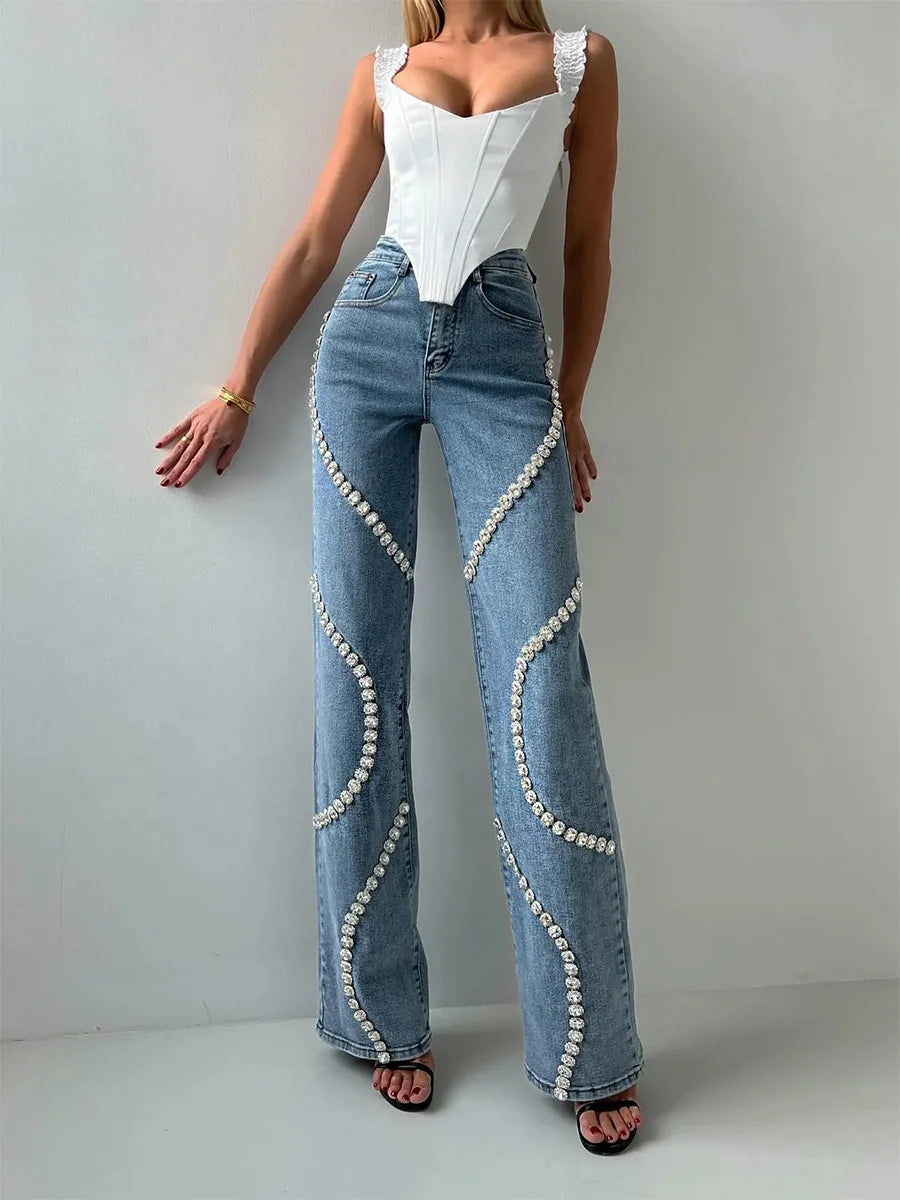 Rhinestone Splicing Straight Denim Woman