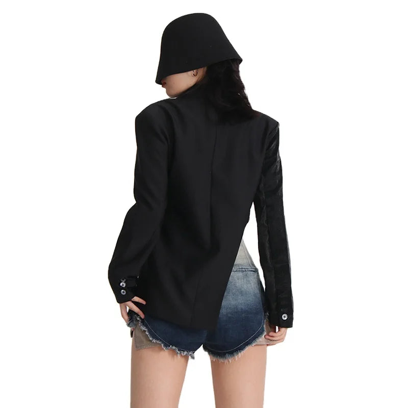 Coat Notched Collar Long Sleeve Patchwork Zipper Blazers Breathable Outerwear Woven
