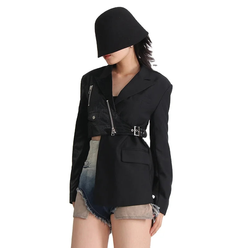 Coat Notched Collar Long Sleeve Patchwork Zipper Blazers Breathable Outerwear Woven