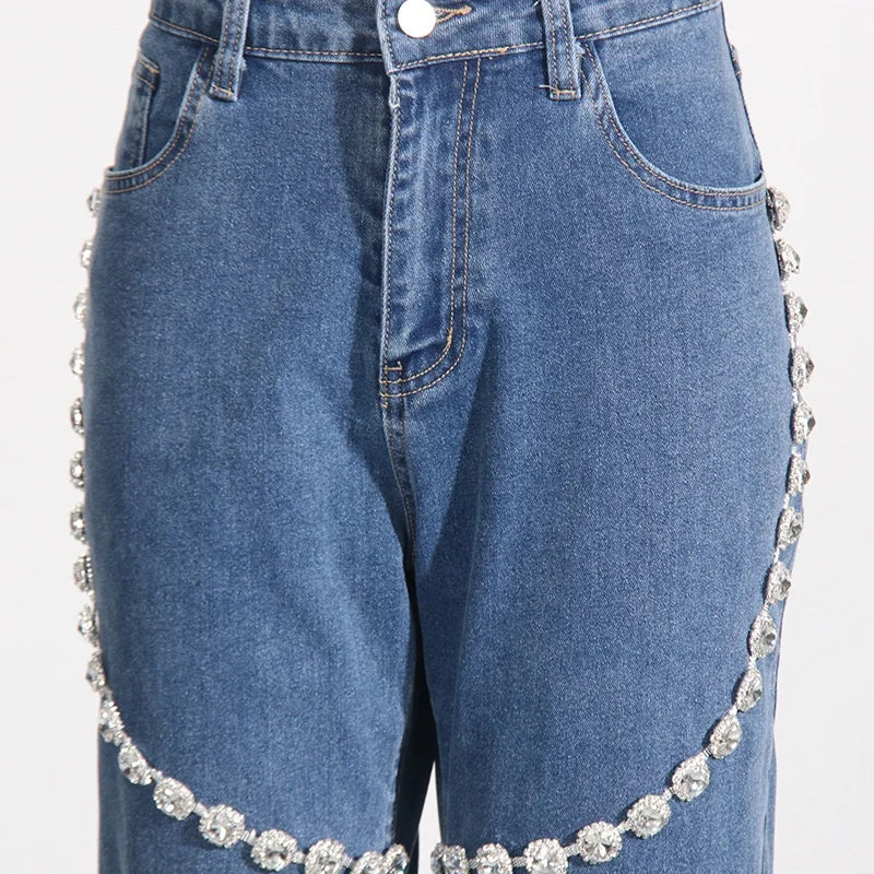 Rhinestone Splicing Straight Denim Woman