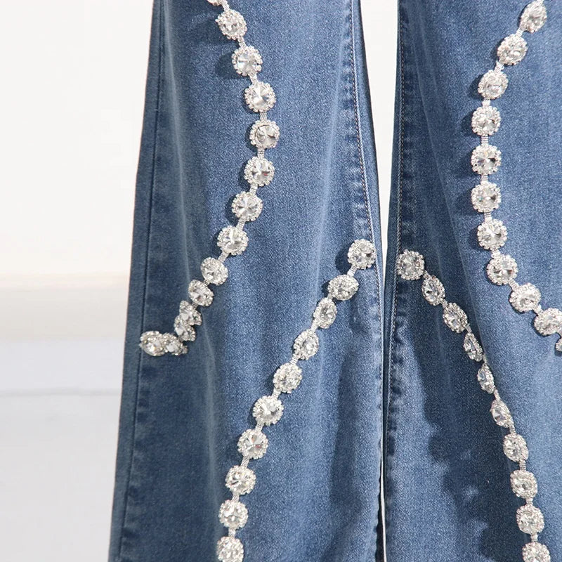 Rhinestone Splicing Straight Denim Woman