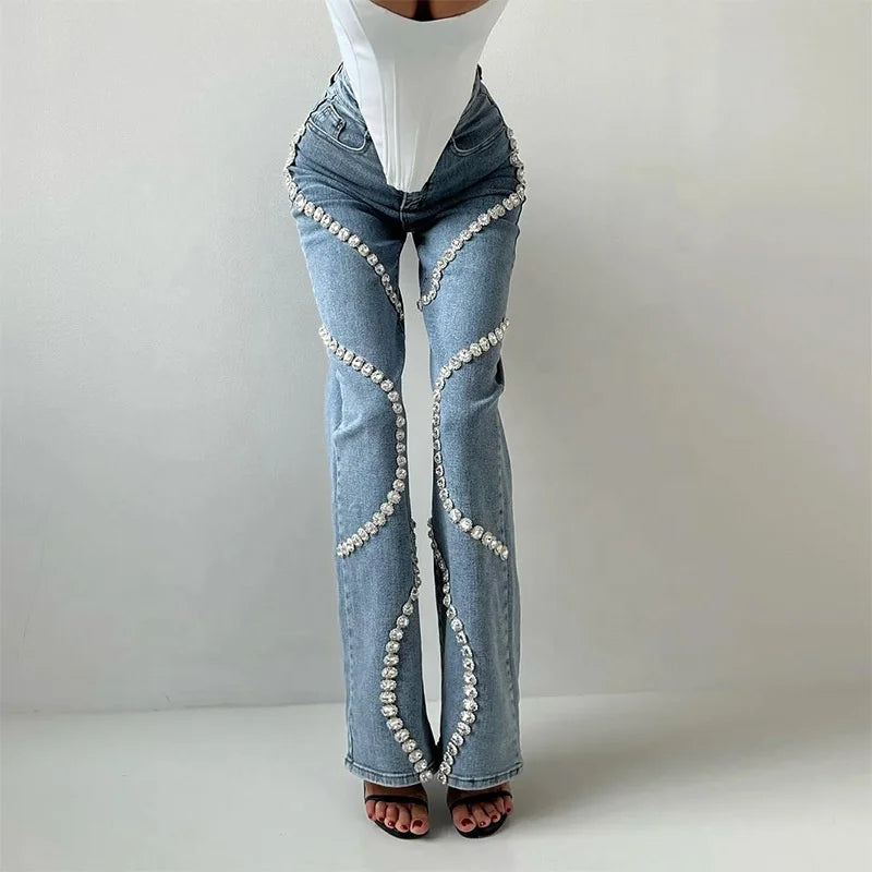 Rhinestone Splicing Straight Denim Woman