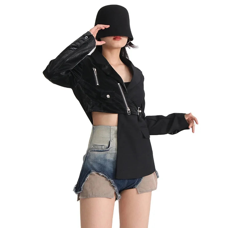 Coat Notched Collar Long Sleeve Patchwork Zipper Blazers Breathable Outerwear Woven