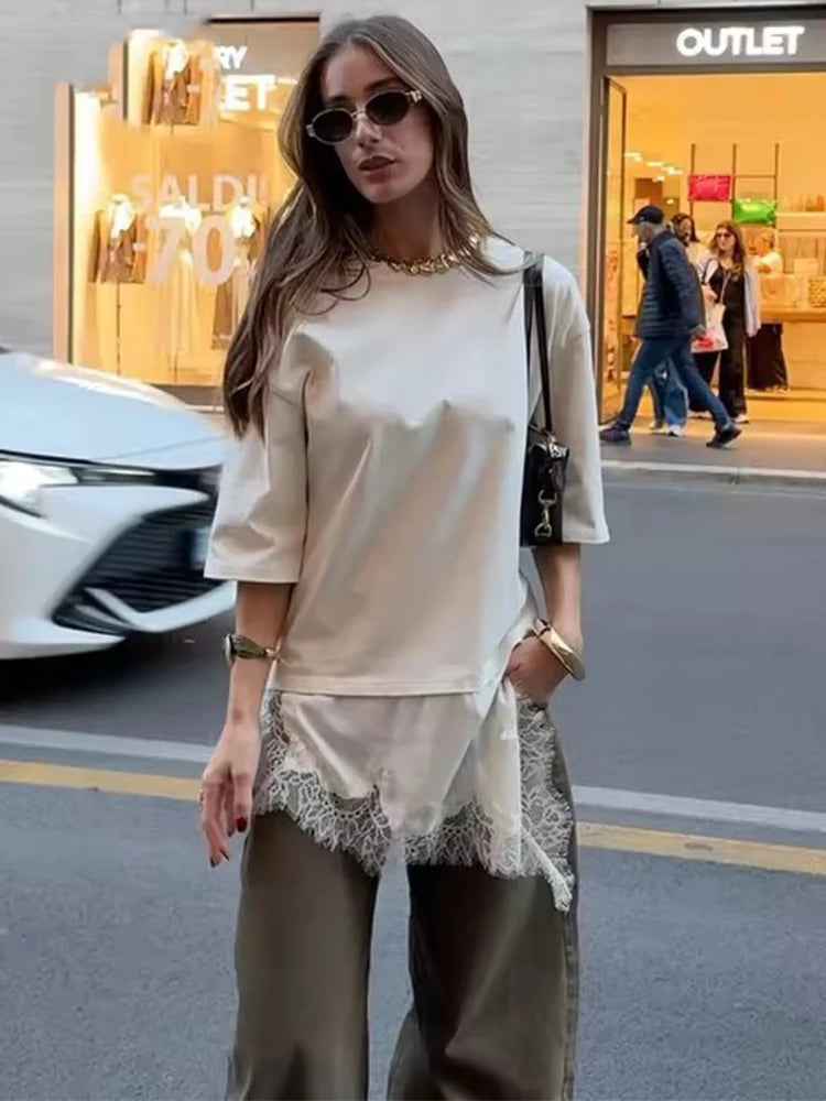 Lace Hem T Shirts  Women Asymmetry