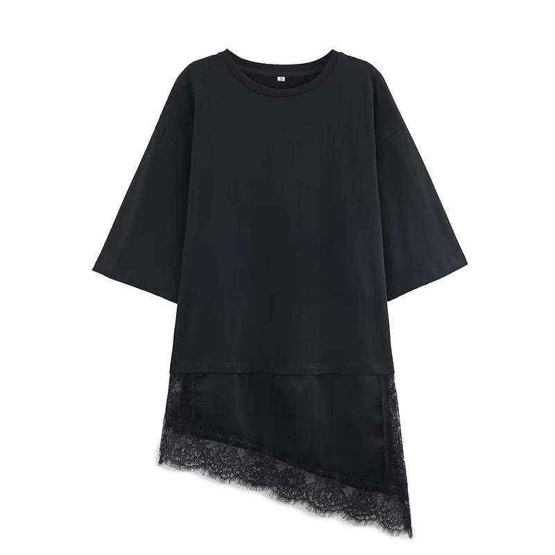 Lace Hem T Shirts  Women Asymmetry