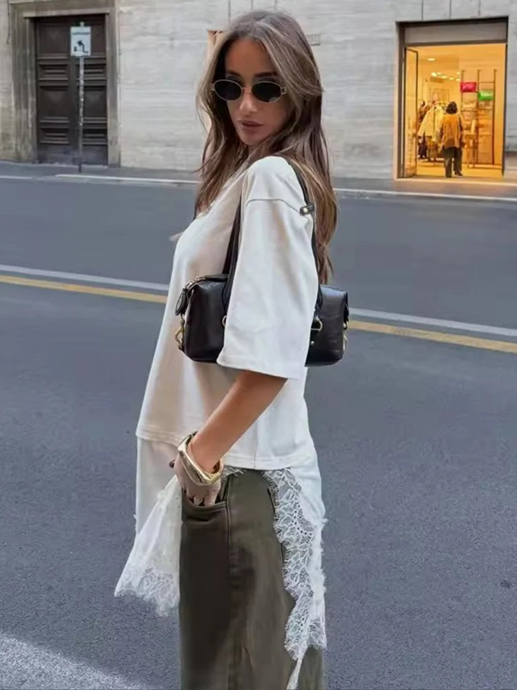 Lace Hem T Shirts  Women Asymmetry