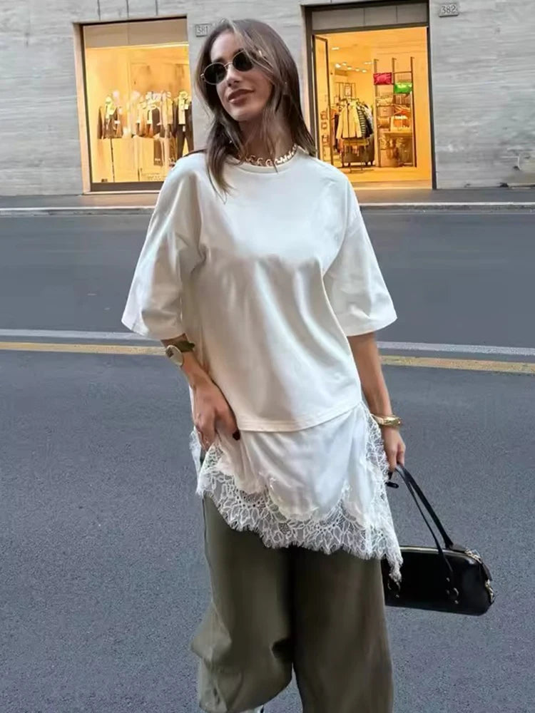 Lace Hem T Shirts  Women Asymmetry
