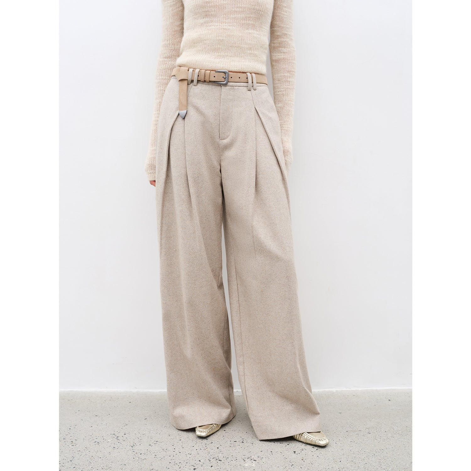 City Stroll Wide-Leg Pleated Trousers - Light Khaki