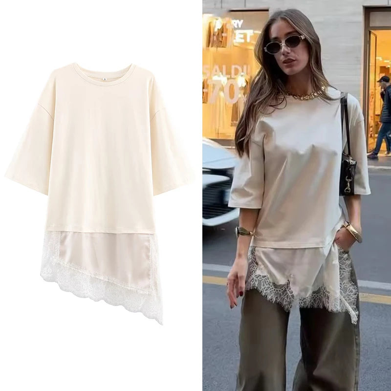 Lace Hem T Shirts  Women Asymmetry
